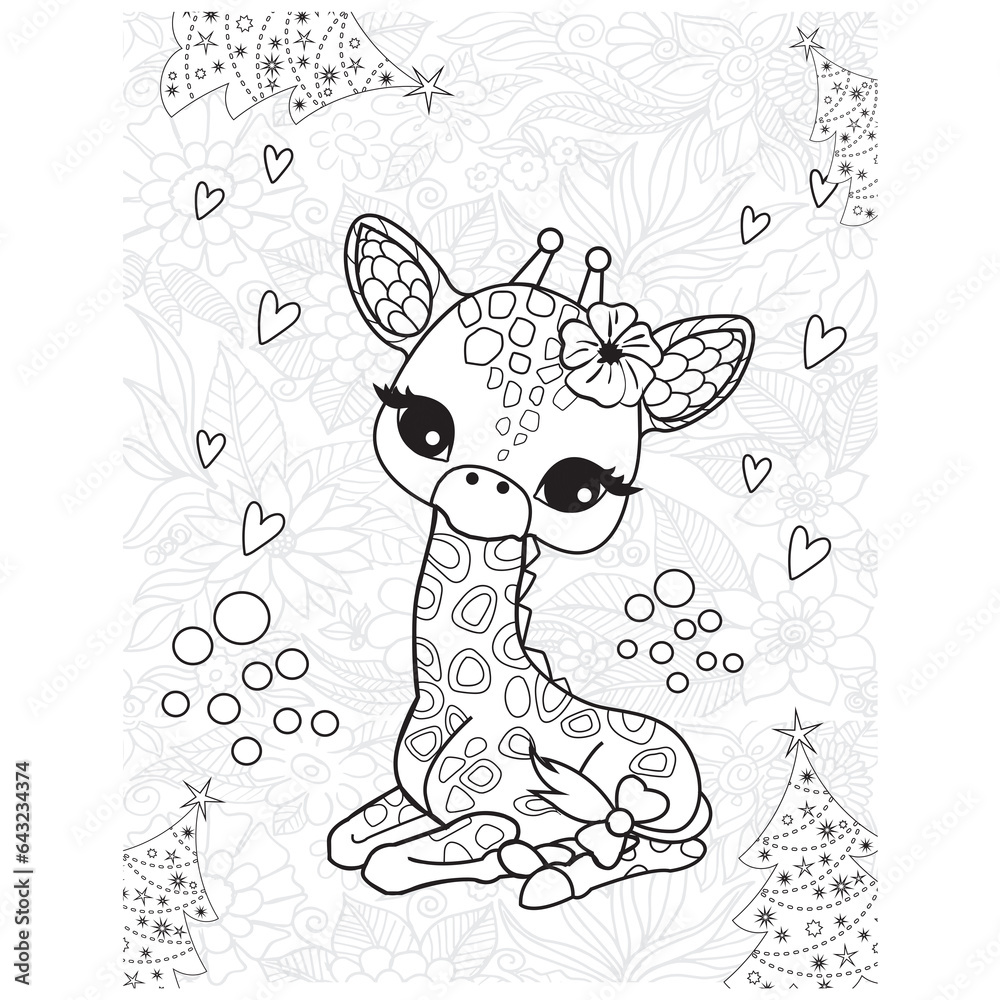 A vector of a cute giraffe Christmas  in black and white coloring