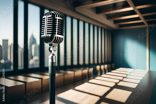 Microphone on stand at podium stage for public speaking or speech in conferen...