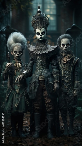 Trick-or-treaters in elaborate costumes