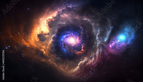 Spiral Galaxy and universe against the background of a dark sky of nebulae with stars.