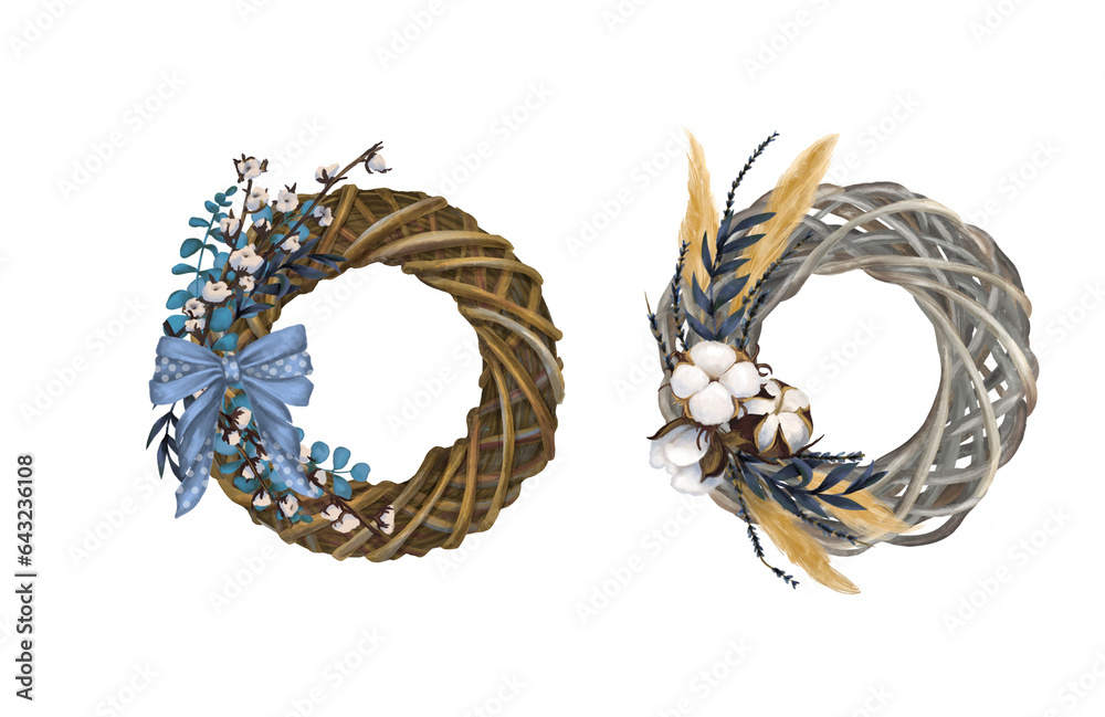 Obraz premium Christmas wreath set. watercolor composition of a bow knot, cotton and dried flowers. Pastel colors