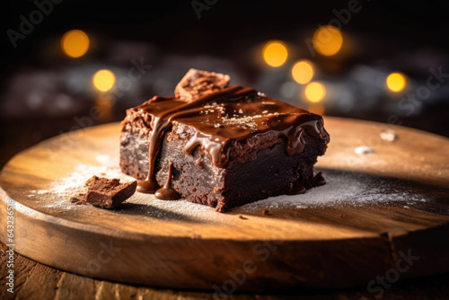 Valokuvatapetti Chocolate brownie cake on rustic wooden table