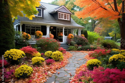 Front yard with plants in fall. Stylish house decorated for autumn holidays season, colorful bushes on a foreground. AI generated