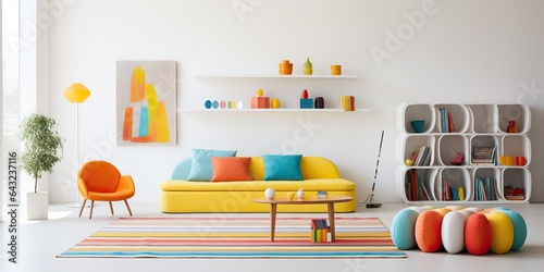AI Generated. AI Generative. Child living bedroom in bright colors. Comfortable indoor architecture. Graphic Art