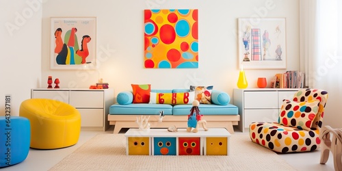 AI Generated. AI Generative. Child living bedroom in bright colors. Comfortable indoor architecture. Graphic Art