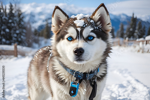 Siberian husky dog in snow with shining blue eyes  photo