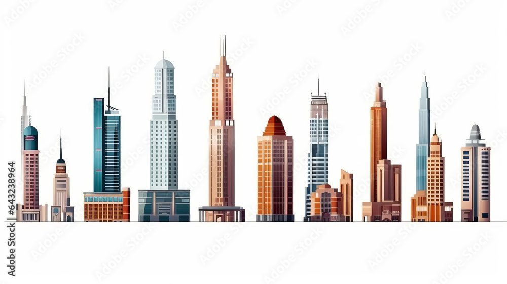 Set of different skyscraper buildings isolated on white.generative ai Set of different skyscraper buildings isolated on white.generative ai