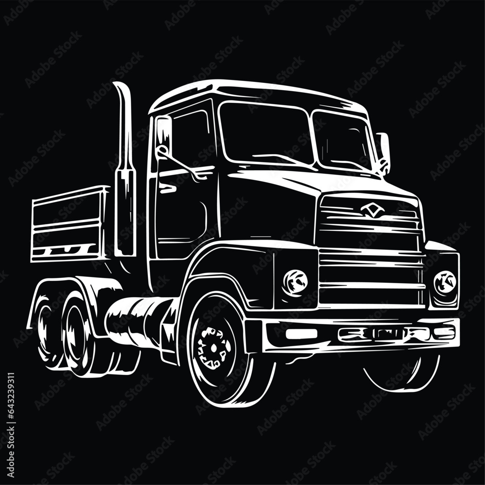 Retro truck with a trailer for cargo transportation. Black and white vector image isolated on black background. Retro truck with a trailer for cargo transportation. Black and white vector image isolated on black background.