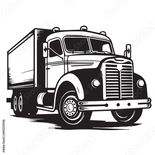 Retro truck with a trailer for cargo transportation. Black and white vector image isolated on white background.