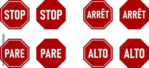 Set of Octagonal Red and White Stop Sign Icon in Various Languages including English, French, Spanish and Portuguese. Vector Image.
