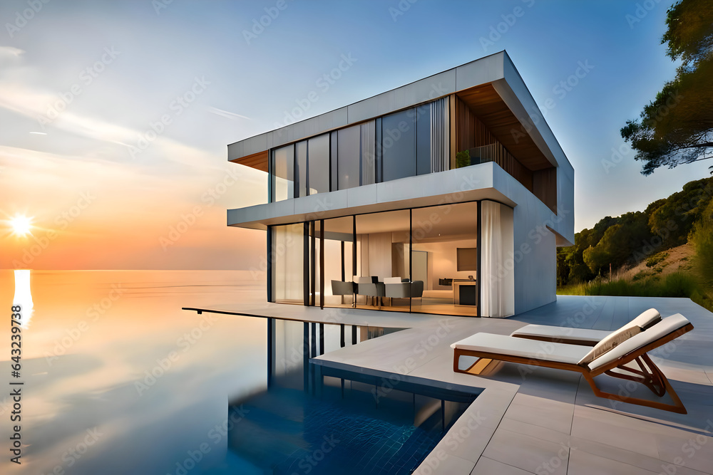 luxury villa with swimming pool at sunset, magnificent view of the sea. Created with generative AI
