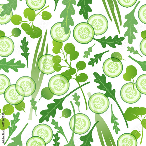 Seamless pattern. Different salad leaves, green onion and slices of cucumber on a white background.