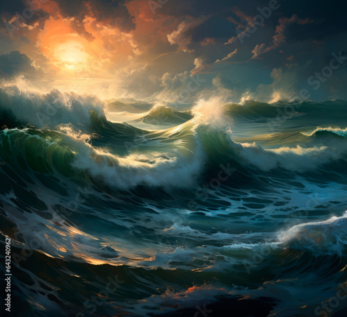 Storm in the sea in a beautiful sunset. Created with generative AI technology