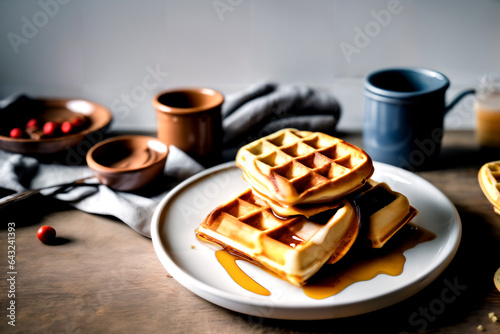 belgian waffles serving with hot coffee photo