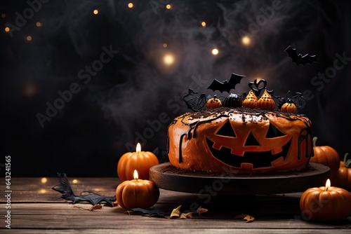 Spooky Halloween tiered cake decorated pumpkins, candles, bat on dark background. Generative AI.