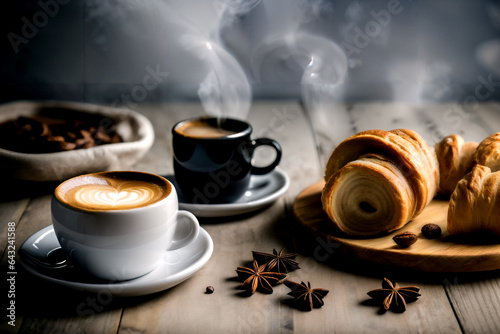 croissant serving with hot coffee