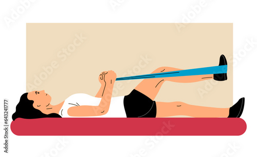 Young woman doing exercises. Elastic tourniquet. Sport, therapy and recovery. Flat vector illustration