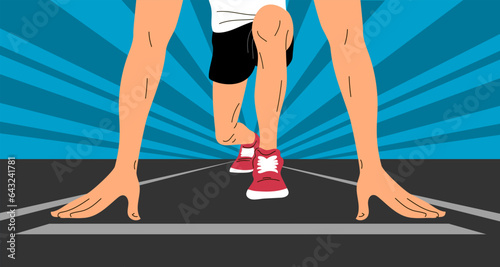 Man athlete starts marathon or sprint. Runner on the stadium treadmill. Sports competition. Cartoon vector illustration