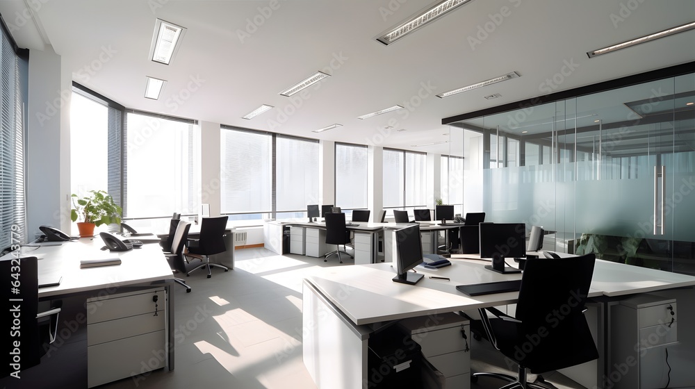 Interior of open space office with white walls, concrete floor, computer desks and meeting room.