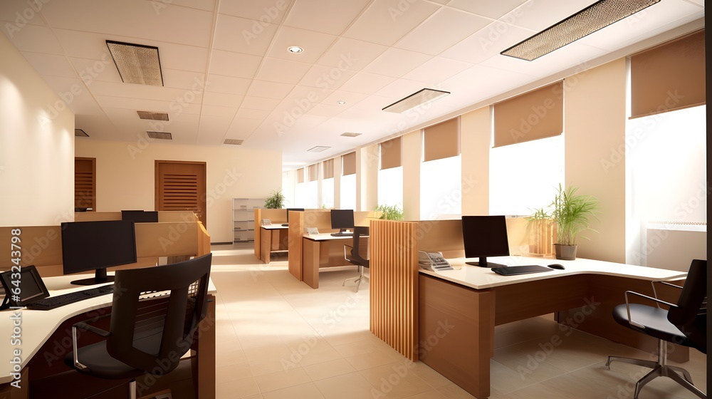 Interior of open space office with white walls, concrete floor, computer desks and meeting room. Interior of open space office with white walls, concrete floor, computer desks and meeting room.