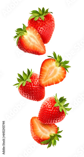 Whole and sliced fresh strawberry fruits in the air. Composition of falling summer berries, isolated on transparent background, PNG