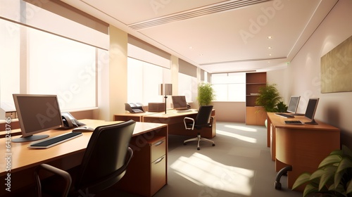 Interior of open space office with white walls, concrete floor, computer desks and meeting room.