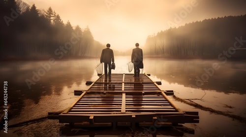 Two businessmen on a fishing trip discussing business