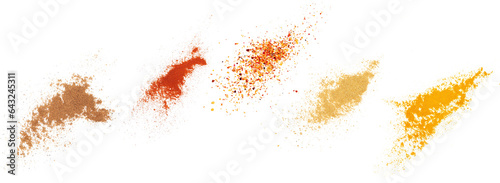 Tableau sur toile Set spices pile, nutmeg, red paprika powder, hot spicy mixture, ginger, turmeric