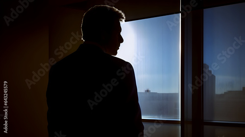 Silhouette of a businessman at sunset in a modern office overlooking the city.