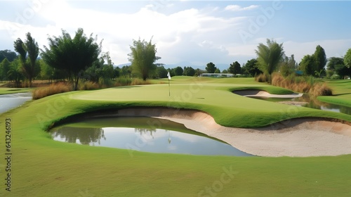 Golf course with beautiful sky. Scenic panoramic view of golf fairway.