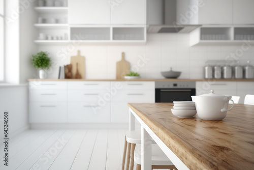 Over a blurred modern white kitchen with parquet floor and dining table, white architecture interior design, a wooden tabletop or shelf with fragrant stick bottles,. Generative AI © Sona