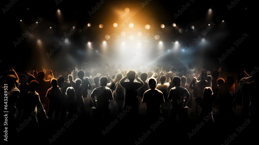 Concert crowd inside a large concert hall during a music festival, the lit stage is visible. - obrazy, fototapety, plakaty 