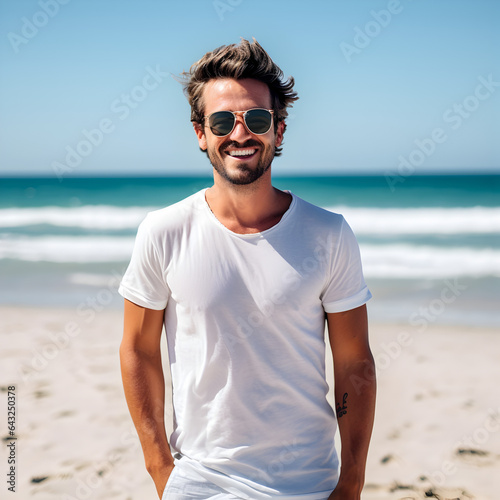 A Man on the Beach Wearing Sunglasses Smiling
