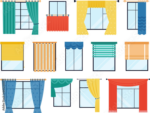 Flat curtains on windows. Color curtain, window decorations and blinds. Room decorative interior accessories, fabric design decent vector elements