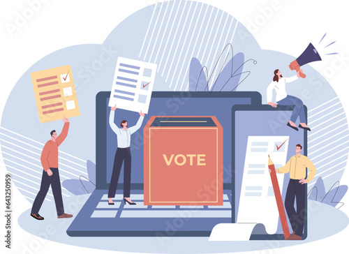Online voting, survey in media or internet. People vote government, digital ballots. Electronic political election, statement or feedback kicky vector scene