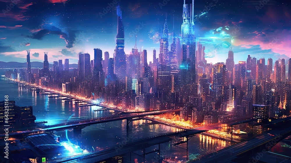 a futuristic city with skyscrapers in the fore and neon lights shining down from the buildings, all around it