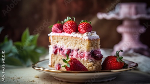 Slice of decorated strawberry layer cake in a rustic background