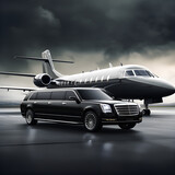 Private jet with a stretch limousine on the runway indicates travel, luxury, business and wealth. Generative ai. 