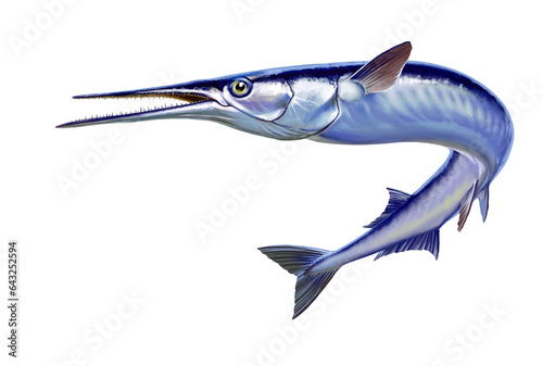 Garfish or Beakfish or Needlefishin motion jumps out of the water. Sea Pike illustration isolate realistic. photo