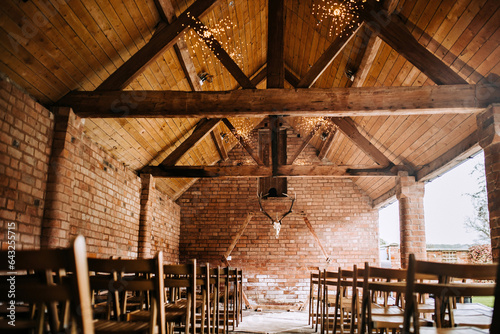 British wedding in barn, skull decorations, gothic style, wedding ceremony decor