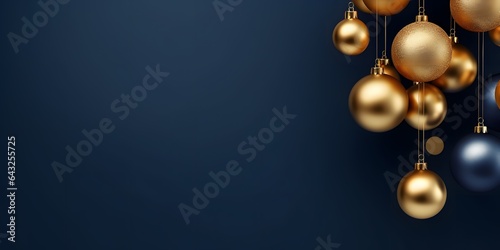 Minimalistic design Luxury gold Christmas decorations on dark blue background. Xmas greeting card template, Happy New Year banner mockup. generative ai
