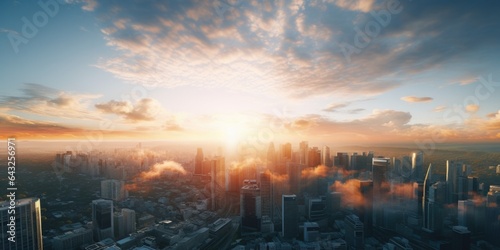 Breathtaking Sunrise Over Corporate Hub: Aerial Cityscape, generative ai #643256971