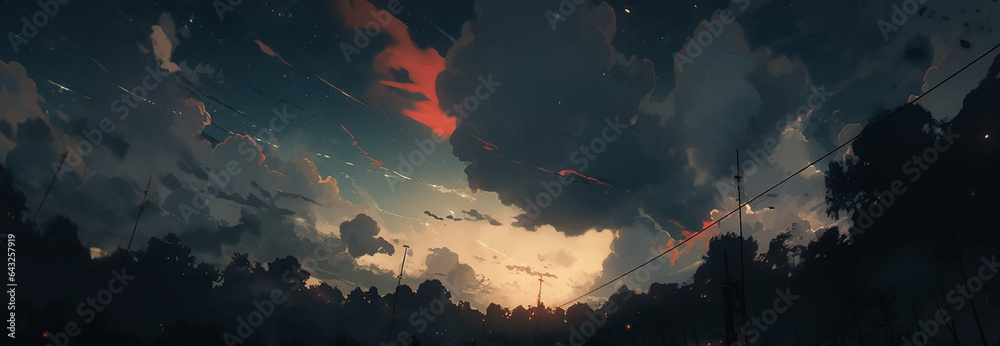 Fototapeta premium Night Sky Cumulus Clouds Meadow Soft Cotton Plush Cartoon Anime Style