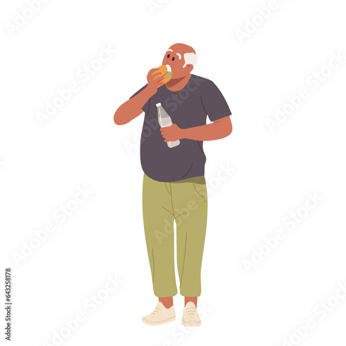 Hungry overweight adult man character eating burger fast food drinking soda isolated on white