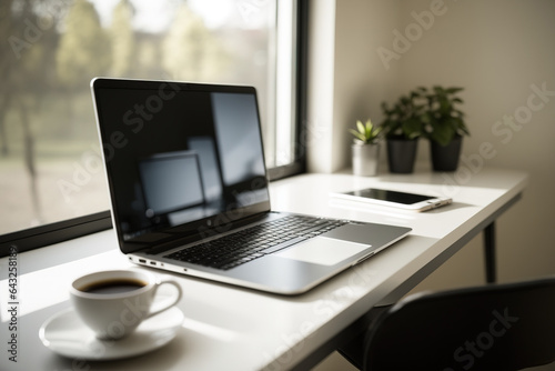 a laptop computer  a coffee cup  and a modern office space are seen in the background blur. Generative AI