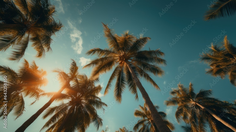Palm trees view from below at blue sky