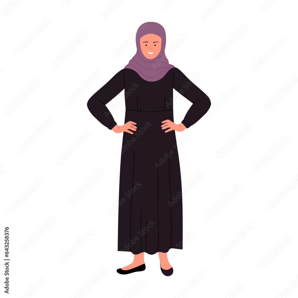 Muslim businesswoman with hands on hips. Female arabic manager in standing pose cartoon vector illustration