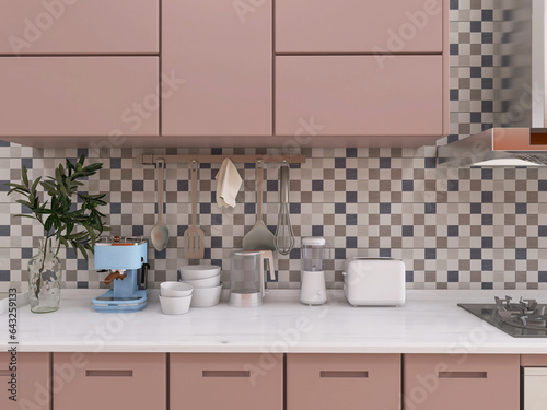 Kitchen interior design, appliances, kitchenware 3d render, 3d illustration