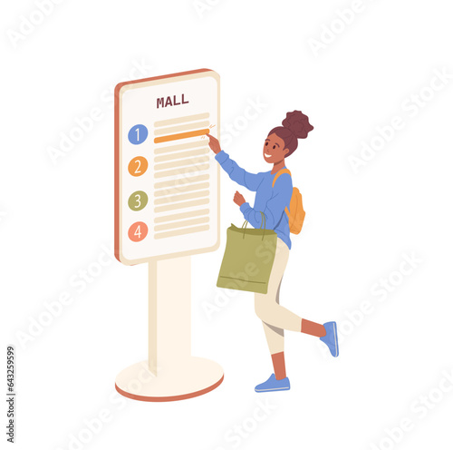 Woman buyer using shopping mall self-service terminal interactive panel public information kiosk