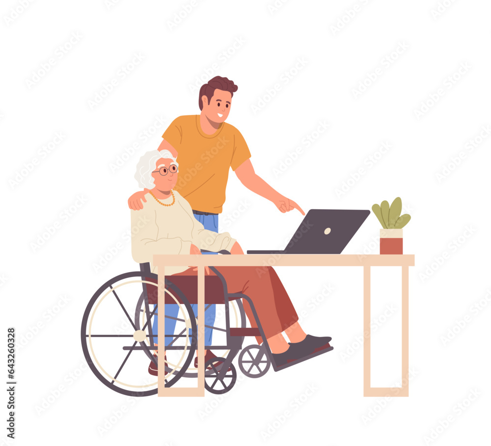 Young man teaching elderly mother in wheelchair to use or work on laptop computer isolated on white